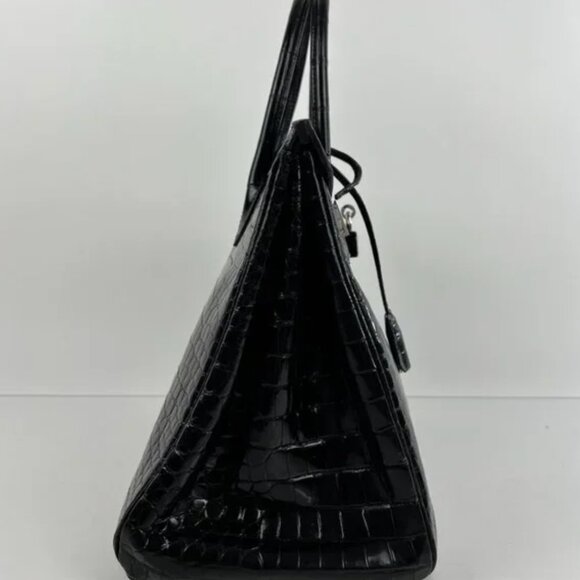 Hermes Shiny Porosus Crocodile Skin Birkin 35 w Palladium HW in Noir or Black - Picture 5 of 13